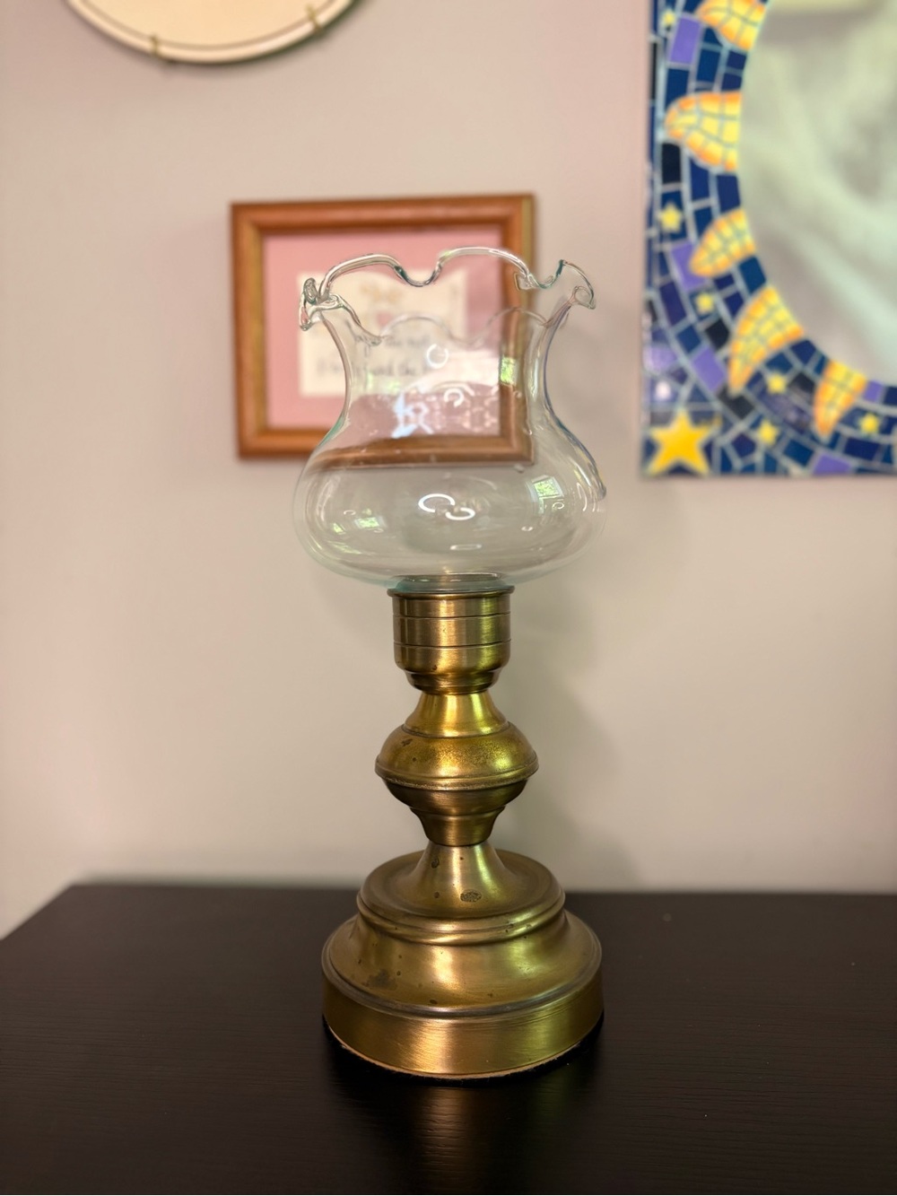 Brass Table candle holder with Clear Glass Shade
